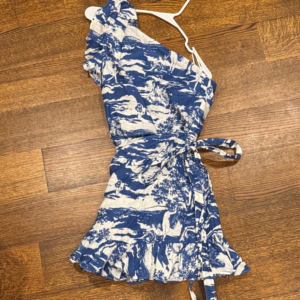 Reformation One-Shoulder Blue and White Linen Wrap Dress
